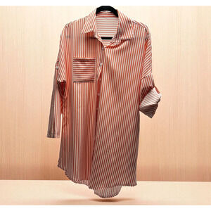 Salanta Roll Sleeve Button Up Shirt Dress Tunic Vertical Stripe Women's Size 6